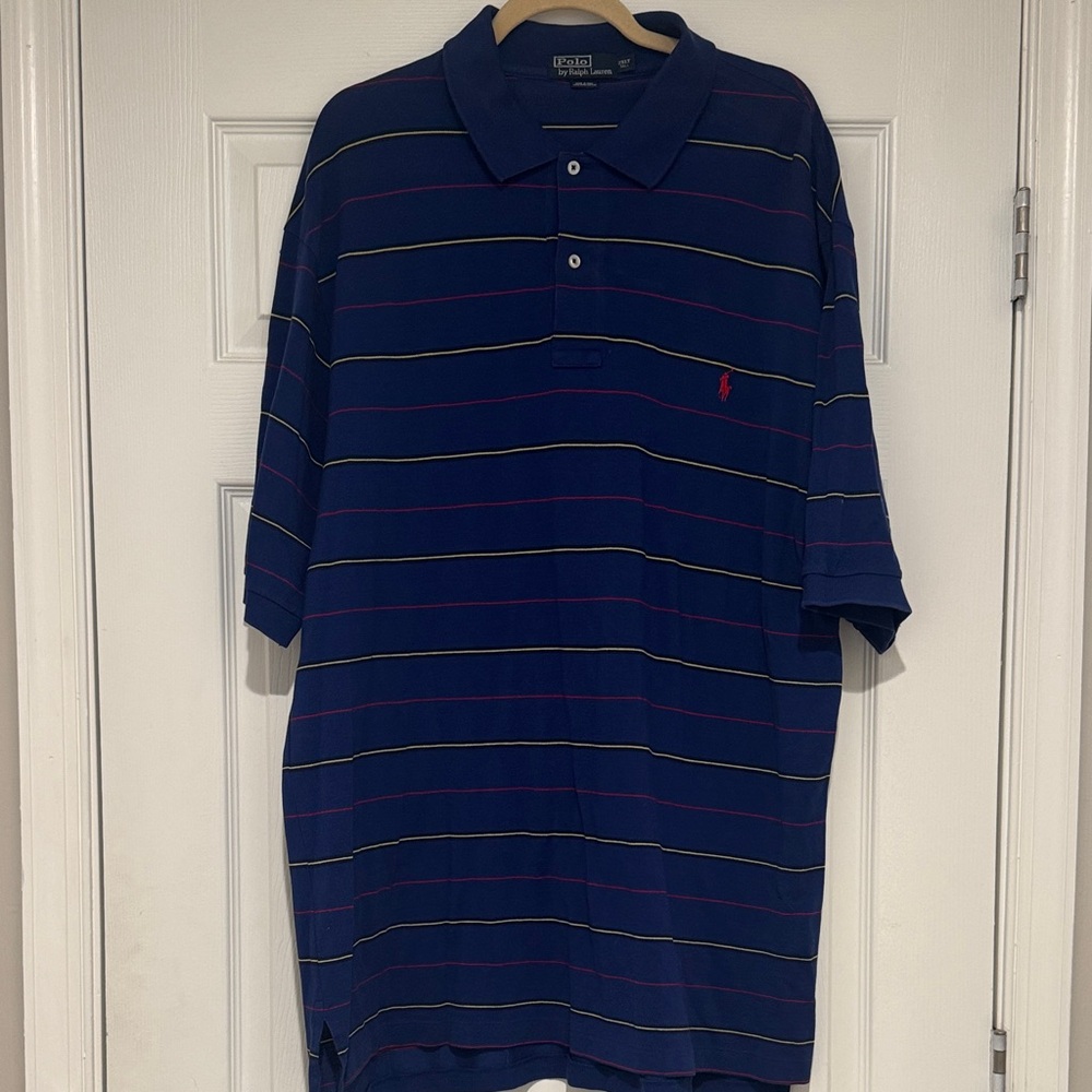 Polo by Ralph Lauren Navy Blue Striped Polo with Red Logo